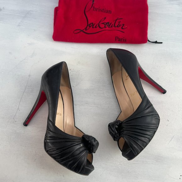 Christian Louboutin Lady Gres Platform Pumps Black Leather Peep Toe Ruched Knot - Picture 7 of 16